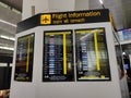 Flight information displayed on the vertical led monitor at the international airport for flights from different destinations. Royalty Free Stock Photo