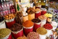 Dubai, UAE 2020: Bags of colorful spices kept on display to attract customers. Dubai spice market is famous for the spices