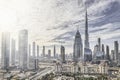 DUBAI, UAE - CIRCA 2022: High key panorama of down town Dubai modern city