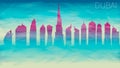 Dubai UAE City Skyline Vector Silhouette. Broken Glass Abstract Geometric Dynamic Textured. Banner Background. Colorful Shape Comp