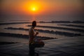 Young man enjoying sunset panorama on the edge of an infinity pool in Dubai during sunset