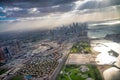 DUBAI, UAE - DECEMBER 10, 2016: Aerial view of Downtown Dubai from helicopter at sunset Royalty Free Stock Photo