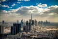 DUBAI, UAE - DECEMBER 10, 2016: Aerial view of Downtown Dubai from helicopter at sunset Royalty Free Stock Photo