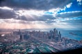 DUBAI, UAE - DECEMBER 10, 2016: Aerial view of Downtown Dubai from helicopter at sunset Royalty Free Stock Photo
