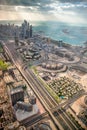 DUBAI, UAE - DECEMBER 10, 2016: Aerial view of Downtown Dubai from helicopter at sunset Royalty Free Stock Photo