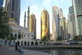 Beautiful Dubai Marina tourist district with Marina Mosque in the evening. Mohammad Bin Ahmed Al Mulls Mosque in Dubai Marina Walk