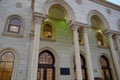 Dubai UAE December 2019 Facade of a mosque with ornate decoration. Arabic architecture. Arabic oriental styled doors of mosque.