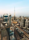 DUBAI, UAE - DECEMBER 17, 2015: Famous modern Dubai architecture at sunset with Burj Khalifa