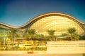 DUBAI, UAE - DECEMBER 3, 2016: Night view of International Airport exterior from arriving airplane