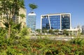 Samsung technological company building in Dubai. Worldwide famous company headquarter exterior with park.