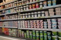 Dubai UAE December 2019 Variety of yogurt in shelf in shop. Greek, plain, flavored, fruit yogurt. Interior view of huge fridge