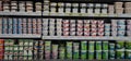 Dubai UAE December 2019 Variety of yogurt in shelf in shop. Greek, plain, flavored, fruit yogurt. Interior view of huge fridge