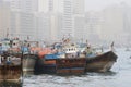 Dubai UAE Dhows old wooden sailing vessels are docked along the Deira side of Dubai Creek.