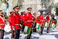 Emirati Police Brass band orchestra performing at Expo 2020 Dubai Daily Parade. Royalty Free Stock Photo