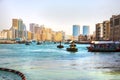 Dubai, UAE - February, 2018: Ancient means transportation - arab boat Abra. Dubai Creek. Retro Water taxi Royalty Free Stock Photo