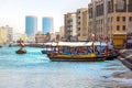 Dubai, UAE - February, 2018: Ancient means transportation - arab boat Abra. Dubai Creek. Retro Water taxi Royalty Free Stock Photo