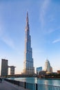 DUBAI, UAE - FEBRUARY 2018: Burj Khalifa, world& x27;s tallest tower at night, Downtown Burj Dubai Royalty Free Stock Photo