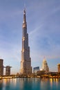 DUBAI, UAE - FEBRUARY 2018: Burj Khalifa, world& x27;s tallest tower at night, Downtown Burj Dubai Royalty Free Stock Photo
