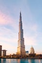 DUBAI, UAE - FEBRUARY 2018: Burj Khalifa, world& x27;s tallest tower at night, Downtown Burj Dubai Royalty Free Stock Photo