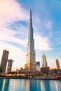 DUBAI, UAE - FEBRUARY 2018: Burj Khalifa, world& x27;s tallest tower at night, Downtown Burj Dubai