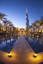 DUBAI, UAE - FEBRUARY 24 - Evening view of downtown Dubai with Burj Khalifa in the background, the tallest building in the world, Royalty Free Stock Photo