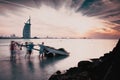 :The world's first seven stars luxury hotel Burj Al Arab at sunset seen from Jumeirah public beach in Royalty Free Stock Photo