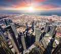 Dubai, UAE, January 12 2023: Dubai city center at sunset - amazing city skyline with luxury skyscrapers at sunrise, United Arab