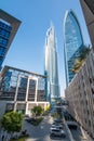 Dubai, UAE - January 1, 2018: Downtown Dubai skyline, view from the Dubai Mall. Modern city cityscape with skyscrapers, sidewalks Royalty Free Stock Photo