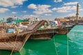 DUBAI, UAE - JANUARY 19, 2018: Traditional wooden boats at Dubai Creek, U Royalty Free Stock Photo