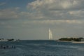 DUBAI, UAE - January, 2019: Two luxury hotels Burj Al Arab and Jumeirah Beach Hotel in Dubai. Back side of hotels, view from Palm Royalty Free Stock Photo