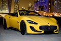 DUBAI, UAE - JANUARY 23, 2017: Yellow luxury supercar Maserati granturismo on the road in Dubai