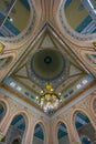 Beautiful interior decoration of Jumeirah Mosque Detail of ceiling, lamp and arches. The only mosque in Dubai which is open to the