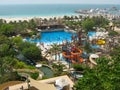 Dubai, UAE - June 4, 2013: Beautiful view of Wild Wadi Waterpark. People swim in the pool and ride water attractions Royalty Free Stock Photo