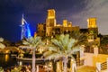 DUBAI, UAE - MARCH 11, 2017: Night view of Burj Al Arab Tower of the Arabs seen from Madinat Jumeirah in Dubai, United Arab Emirat