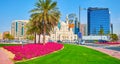 Panorama of Deira with flower beds and Al Yaqub Mosqye, on March 1, Dubai, UAE Royalty Free Stock Photo
