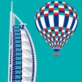 Dubai, UAE - March 22, 2016: vector illustration of Burj Al Arab hotel and air balloon