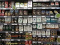 Dubai UAE - May 2019: Several packs of coffee beans and Turkish coffee on a wall of shelves. Lanes of shelves with goods products