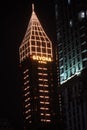 Dubai UAE - November 2019: Close Up of Gevora Hotel at Night. It is an iconic Sheikh Zayed road Skyscraper and landmark. Gevora