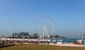 Dubai, UAE, November 2021, Panoramic view from JBR Beach over water towards Bluewaters Island with the Ain Dubai, the tallest and Royalty Free Stock Photo