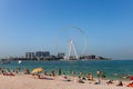 Dubai, UAE, November 2021, Panoramic view from JBR Beach over water towards Bluewaters Island with the Ain Dubai, the tallest and Royalty Free Stock Photo