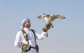 Falconer is training Peregrine Falcon in a desert near Dubai