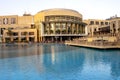 Dubai shopping mall exterior with fountains pool.