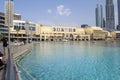 World`s largest shopping center. Dubai shopping mall exterior with fountains pool.