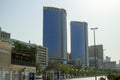 Dubai, UAE - October 2019: buildings on the Dubai Creek Promenade in Deira. Appearance of Deira Twin Towers Royalty Free Stock Photo