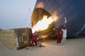 Inflation of hot air balloon with burners. Dubai UAE