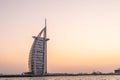 DUBAI, UAE- October 2018: View of the luxury beach of Dubai and Burj al arab on sunset Royalty Free Stock Photo