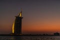 DUBAI, UAE- October 2018: View of the luxury beach of Dubai and Burj al arab on sunset Royalty Free Stock Photo