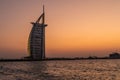 DUBAI, UAE- October 2018: View of the luxury beach of Dubai and Burj al arab on sunset Royalty Free Stock Photo