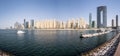 Dubai, UAE. Panoramic landscape view of Jumeirah Beach Residence JBR, The Address Residences Jumeirah Resort beachfront skyline Royalty Free Stock Photo