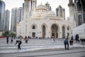 Dubai, UAE - 04.29.2023 - People preparing for Iftar in the front of the mosque in Business Bay district. Religion